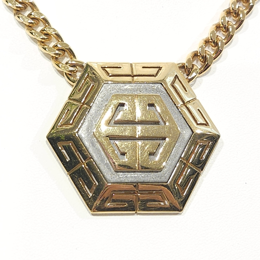Vintage Givenchy Necklace 1978 Gold Silver Hexagon Logo Chunky Pendant Chain